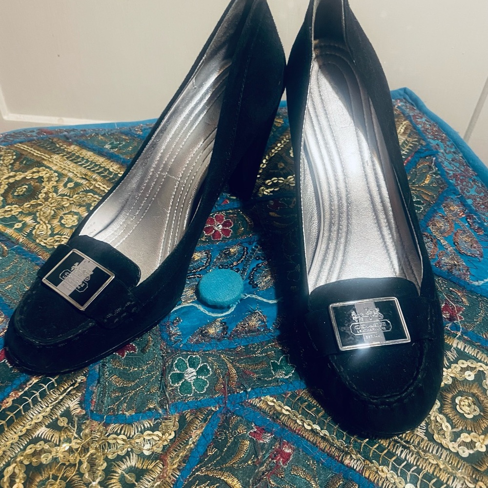 Black Suede Coach 1941 Designer Face Plated Black Heels